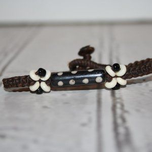 Beautiful brown cord, black and white beaded bracelet toggle clasp 7.5"